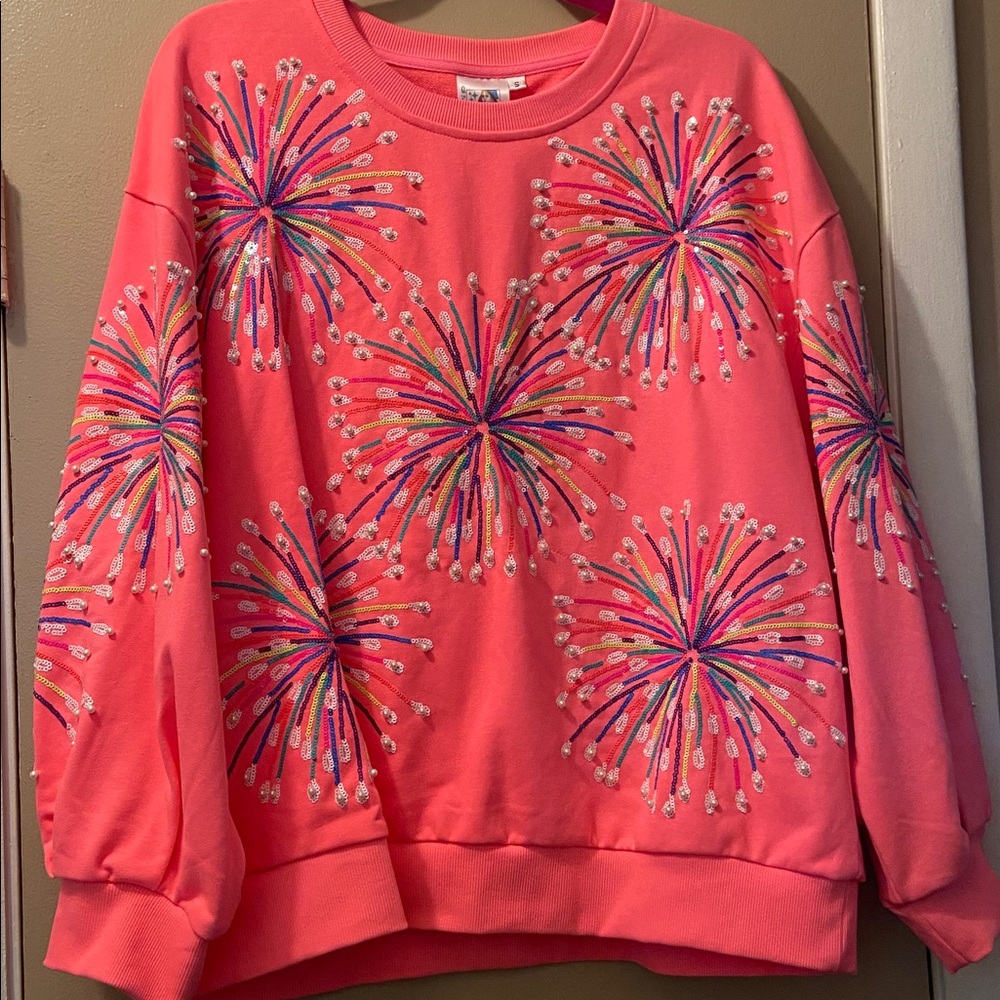 Queen of Sparkles Neon Pink Multi Fireworks Sweatshirt! Small! RARE! EUC!